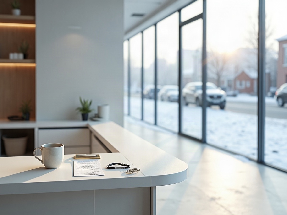 Pale oak reception desk in Gatineau with packing notes and a window on a quiet street