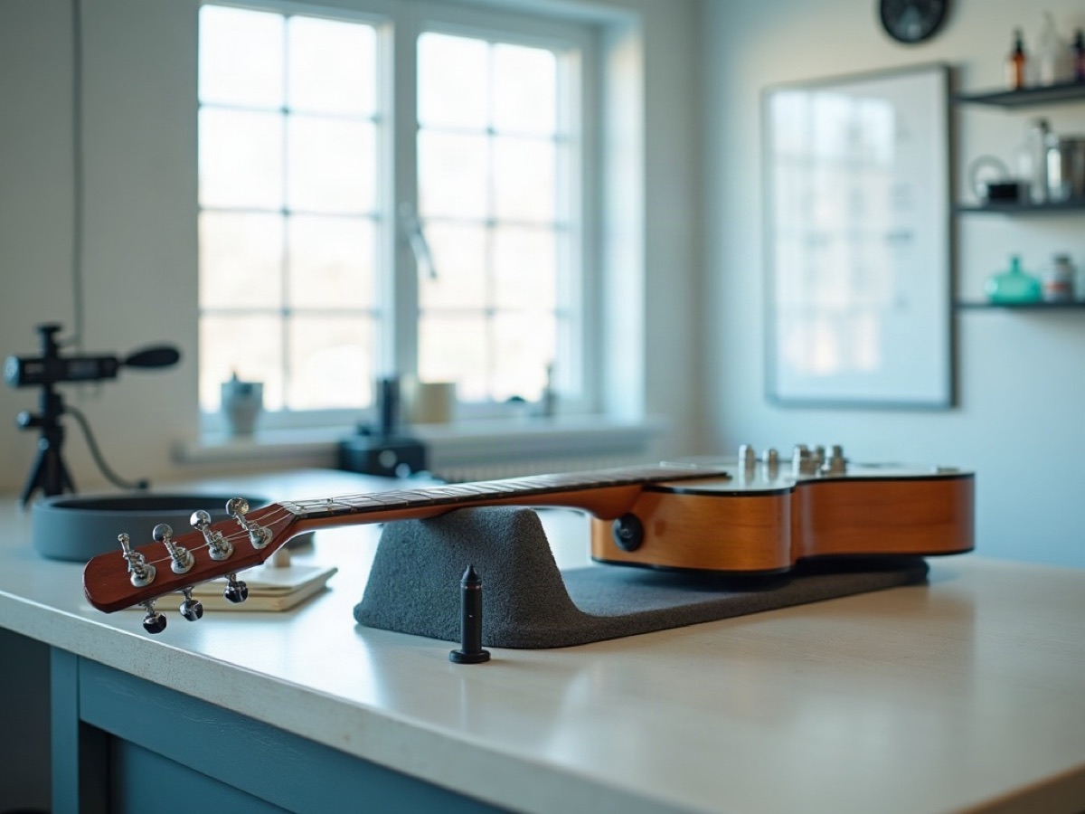 Guitar neck on a foam rest with tuners and hex keys on a bright workshop bench