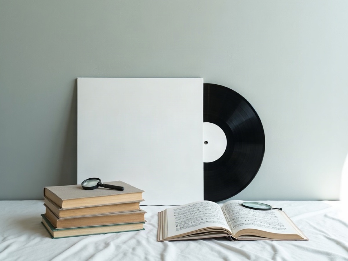 Clothbound books, a plain vinyl sleeve, and a magnifying glass on a white table