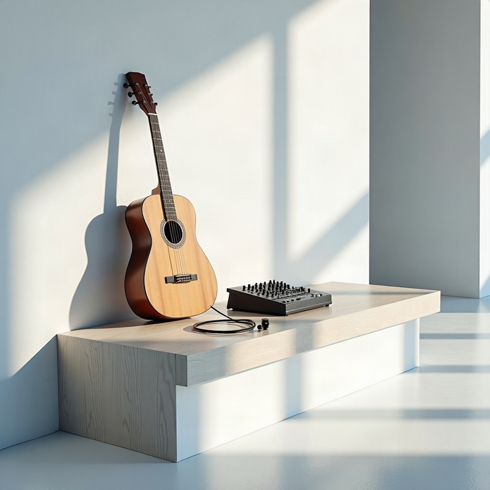 Acoustic guitar, compact mixer, and coiled cable on a white oak bench