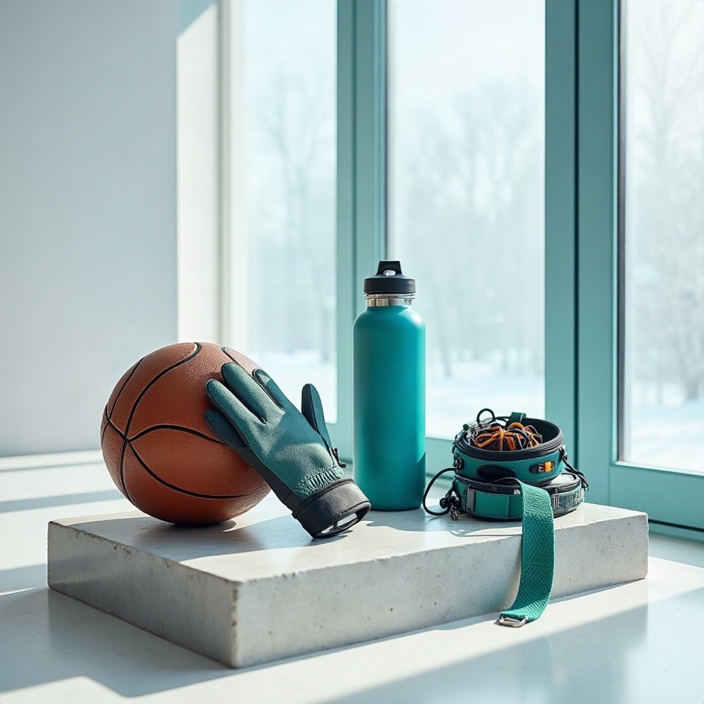 Soccer ball, hockey glove, trail pack and snowshoe on a pale stone slab